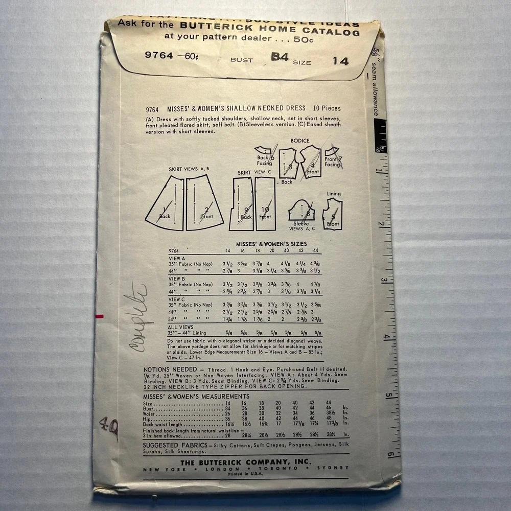 Butterick Vintage 1960's Pattern #9764 Shallow Neck Dress‎ Size 14